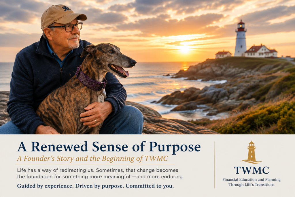 David Stiglick with Lexi, a brindle greyhound, overlooking a coastal lighthouse at sunset for the TWMC founder story A Renewed Sense of Purpose.