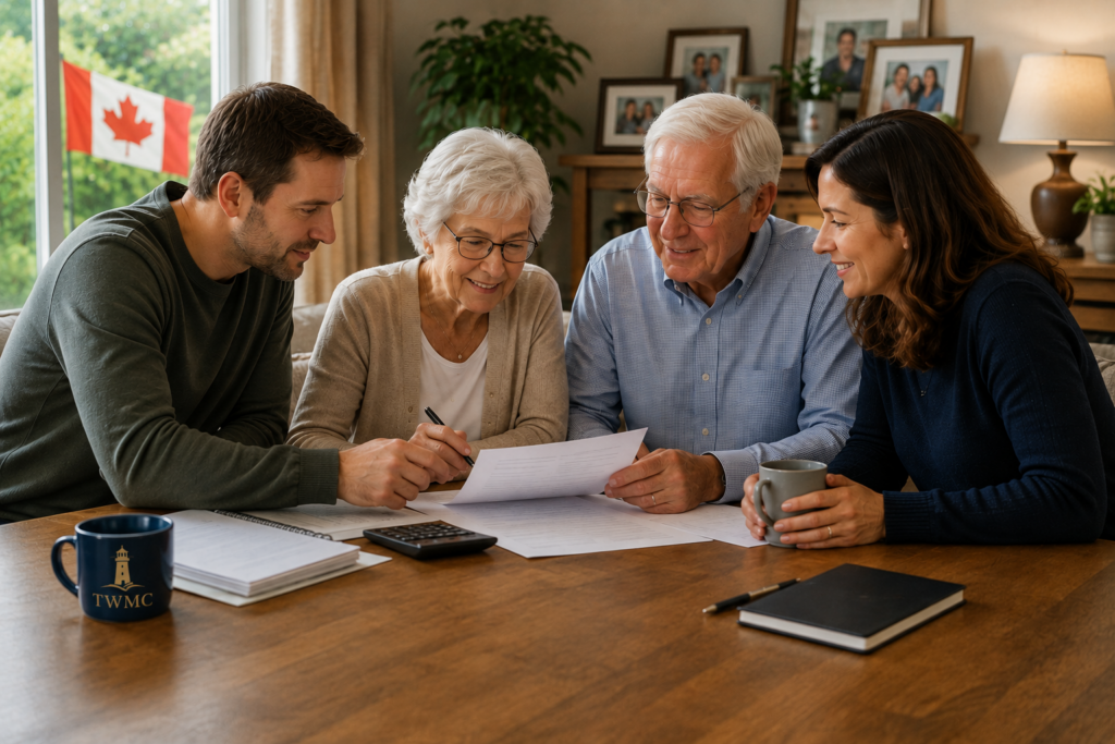 Family members reviewing financial documents together with aging parents in a Canadian home.