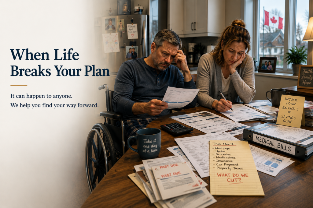 Couple reviewing household finances after an unexpected life transition, illustrating how illness, disability and financial disruption can affect a family's financial plan.