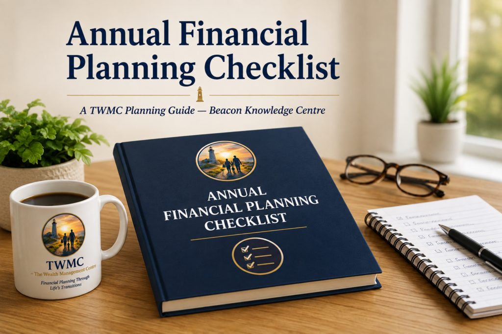TWMC Annual Financial Planning Checklist on a desk with the TWMC Family Journey logo, coffee mug, notebook and pen.