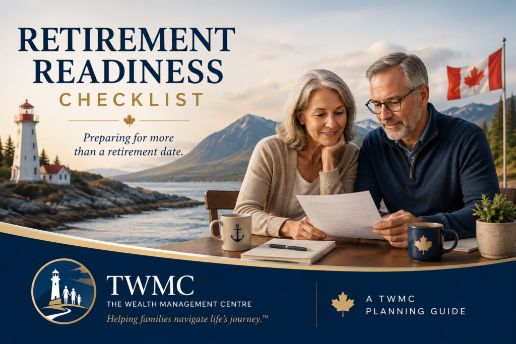 Canadian couple reviewing their retirement plans beside a coastal lighthouse, with a Canadian flag and TWMC Retirement Readiness Checklist branding.